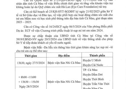 Thông báo: Về việc thời gian khám sàng lọc sụp mi - lé cho trẻ em năm 2024