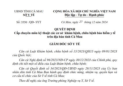 Quyết Định Cấp chuyên môn kỹ thuật các cơ sở khám bệnh, chữa bệnh bảo hiểm y tế trên địa bàn tỉnh Cà Mau